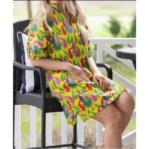 Emily McCarthy Poppy Peekaboo Caftan Dress Neon Leopards Cats Women’s L